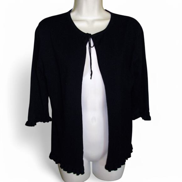 Anna Gray Sweater Open Front with 3/4 Sleeves Black Ruffle Trim 38 Inch Bust - Picture 1 of 8